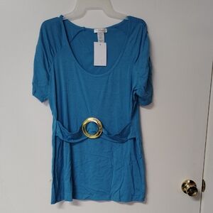 Elegant Blue Women's Blouse with Gold Buckle